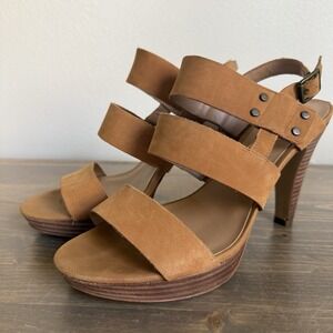 Franco Sarto Womens‎ 9.5 Tan Brown Leather Mulan Strappy Heel Sandals Shoes